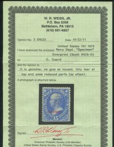 1875 US Navy Department Specimen Stamps #O35SD-O42SD Mint No Gum Set 