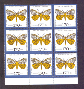 Germany  #B732 MNH 1992  endangered butterflies 170Pf  block of nine stamps
