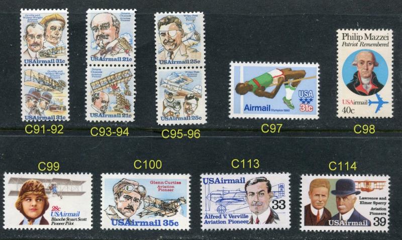 US Scott #C91-C100 C113 C114  Airmail Commemorative's 12 DIFFERENT MNH