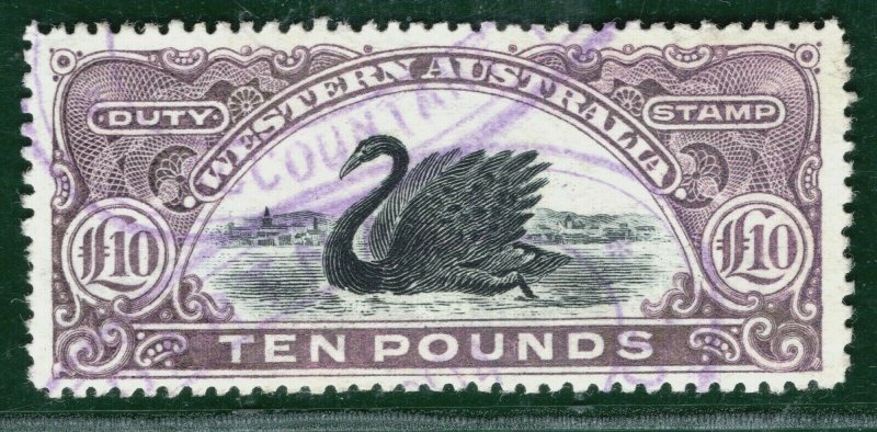 WESTERN AUSTRALIA KEVII Revenue STAMP DUTY £10 Swan 1904 High Value Used LBLUE14