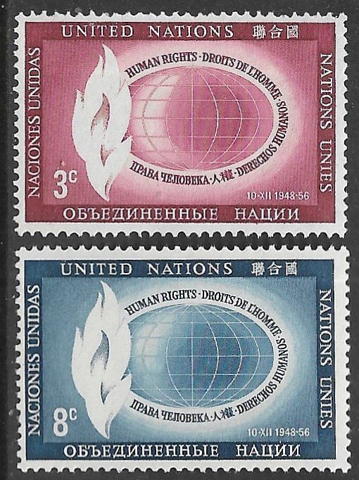 UNITED NATIONS NEW YORK 1956 HUMAN RIGHTS Set Sc 47-48 MNH