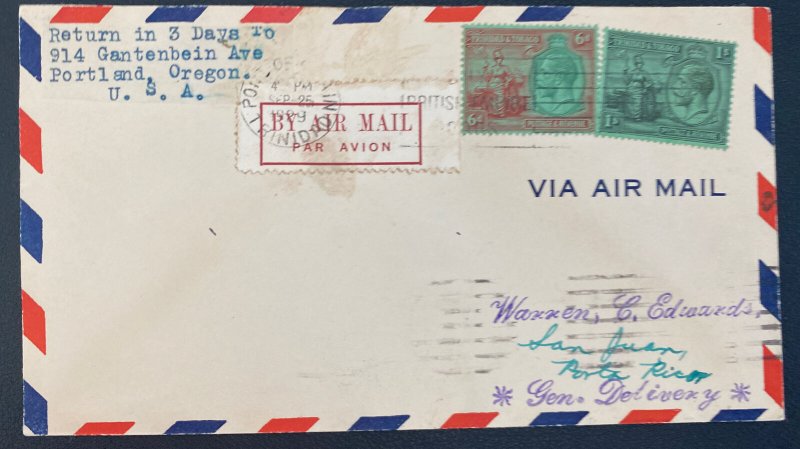 1929 Trinidad & Tobago Early Airmail Cover To San Juan Puerto Rico