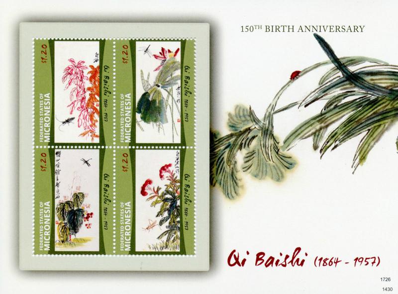 Micronesia 2014 MNH Qi Baishi 150th Birth Anniv 4v M/S II Art Paintings China