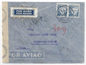 WW2 Portugal Apr 1945 CENSORED Airmail cover DUEBENDORF Switzerland Pair Sc#516