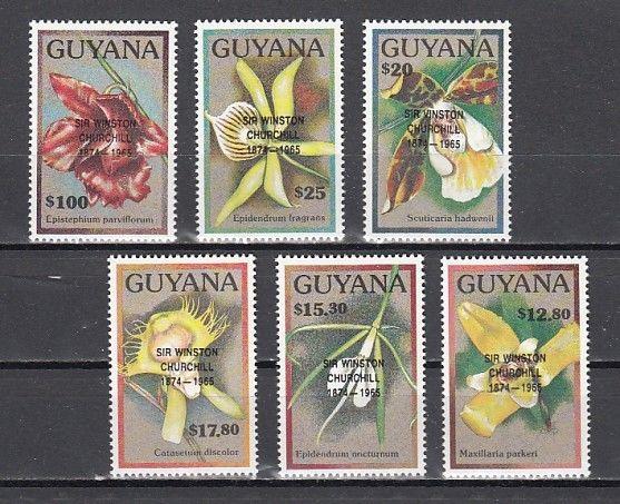 Guyana, Scott cat. 2361-2366. Orchid values o/printed Sir Winston Churchill