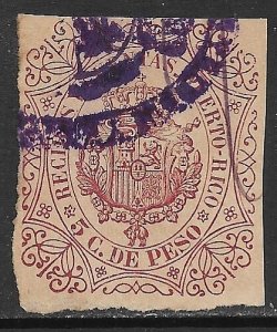 PUERTO RICO 1878-86 5c Red Brown RECEIPTS and ACCOUNT Revenue VFU