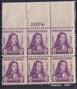 BOBPLATES US #724 Penn Top Plate Block 21074 F-VF MNH SCV= $12.5+ *