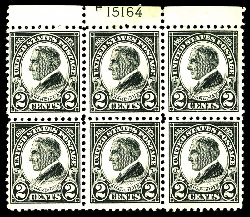 U.S. #610 MINT PL# BLOCK OF 6 OG HR