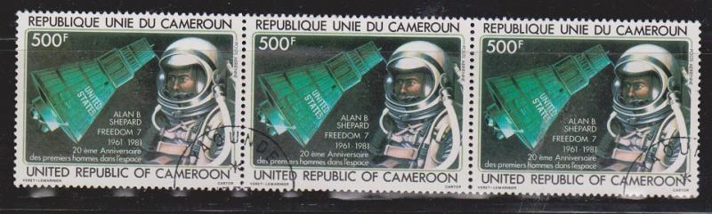 CAMEROON  - Strip Of Three 500F Alan Sheppard Freedom 7 Space Stamps CV $12.00