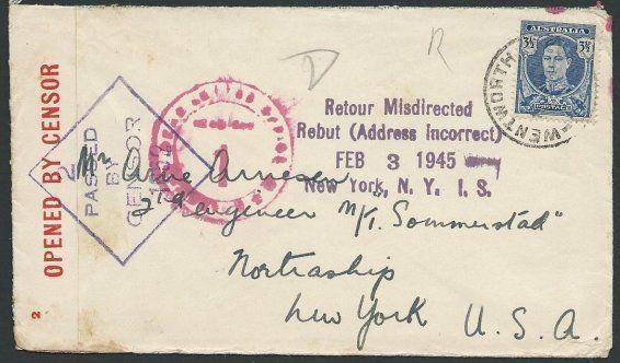 AUSTRALIA 1945 censor cover to USA - returned Misdirected..................39778