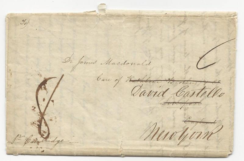 US Stampless Trans-Atlantic Ship Cover Folded Letter New York via Liverpool