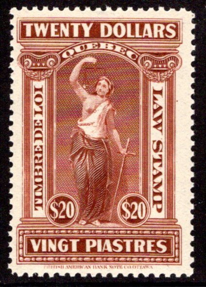QL71, van Dam 1920, $20, F/VF, MNH, p.11, Quebec Law Revenue Stamp, Canada