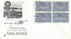 1961 FDC, #1185, 4c Naval Aviation, Art Craft, block of 4