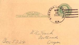 United States Georgia Stevens Crossing 1939 4a-bar  1914-1939  Postal Card  P...