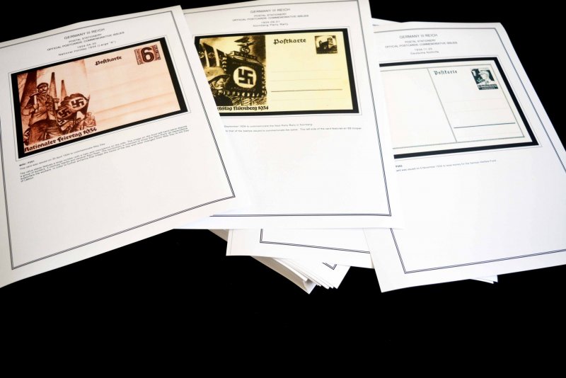 COLOR PRINTED GERMANY III REICH COMM. POSTCARDS STAMP ALBUM PAGES (91 ill. pgs.)