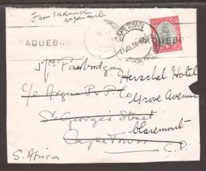 South Africa Sc 48a on 1936 forwarded PAQUEBOT Cover Front, CAPETOWN cancel