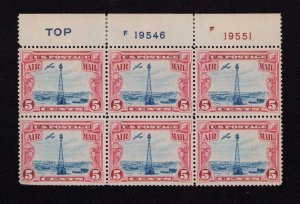 C11 5¢ Rock Mountains Plate Block of 6 Air Mail Stamps Hinged on the margin 1928