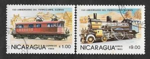 SD)1985 NICARAGUA 150° ANNIVERSARY OF THE GERMAN RAILWAY, 2 CTO STAMPS