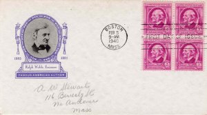 USA 1940 FDC Sc 861 Ioor Cachet Ralph Waldo Emerson Block of 4 First Day Cover