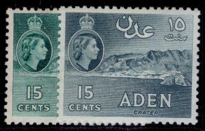 ADEN QEII SG52 + 53a, 15c SHADE VARIETIES, NH MINT. Cat £20.