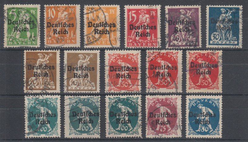 Bavaria Sc 256-275 used 1920 Deutsches Reich ovpts cplt incl shades, F-VF