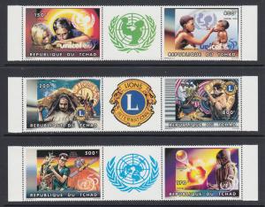 Chad Sc 682-684 MNH. 1996 UNICEF, UN, Lions International, pairs with labels, VF