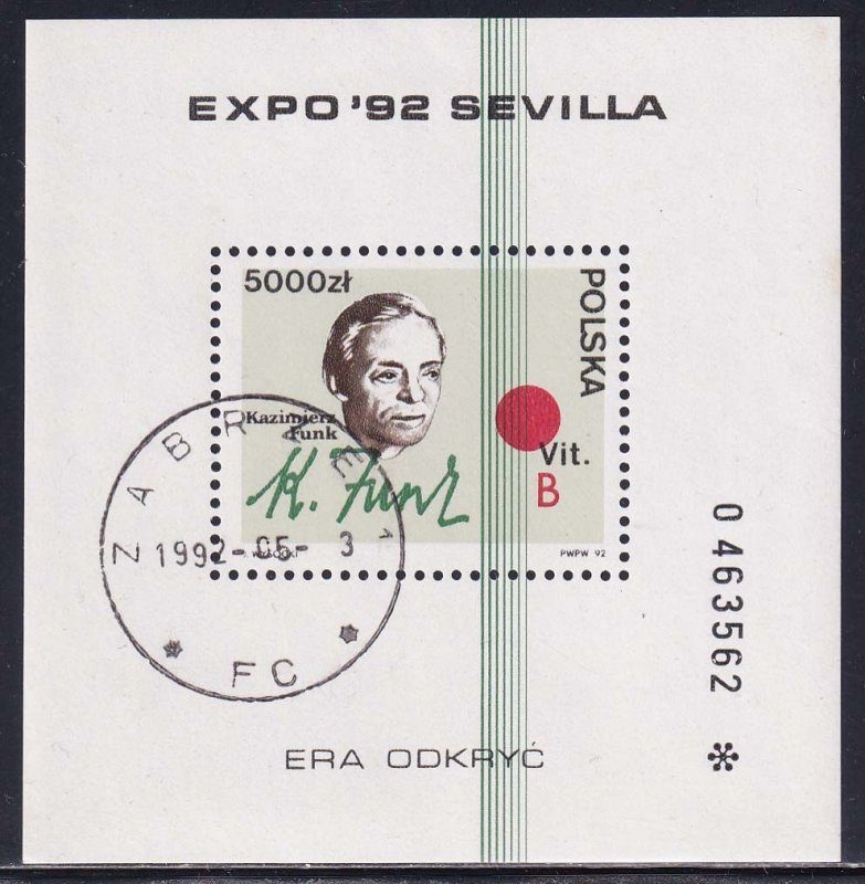 Poland 1992 Sc 3083 Biochemist Casimir Funk EXPO 92 Seville Stamp SS CTO NH