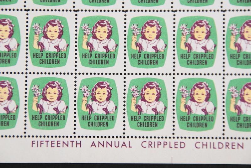 1948 Easter Seals Crippled Children Label, Cinderella Stamp Full Sheet of 100