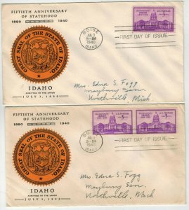 1940 BOISE IDAHO 50th Anniversary Statehood SET OF 2 FDCs Single + Pair