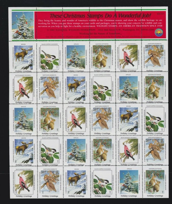 US 1987 National Wildlife Federation Mint Cinderella Christmas Stamp Sheet OG NH