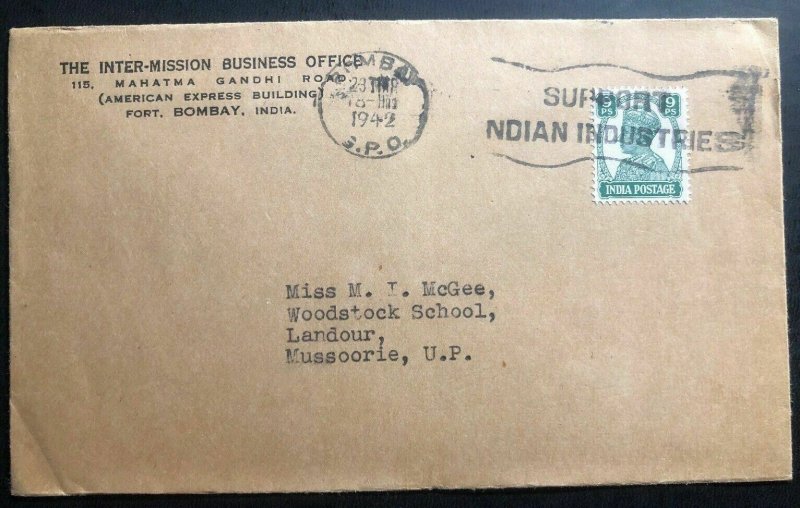 1942 Bombay India Advertising Inter Mission Business Cover To Mussoorie