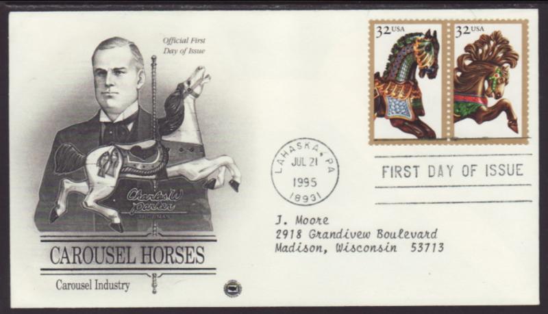 US Carousel Horses 1995 PCS Typed FDC BIN