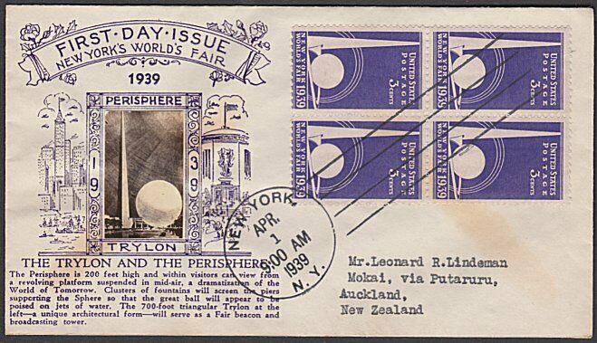 USA 1939 CROSBY photo FDC to New Zealand - World's Fair backstamped........55348