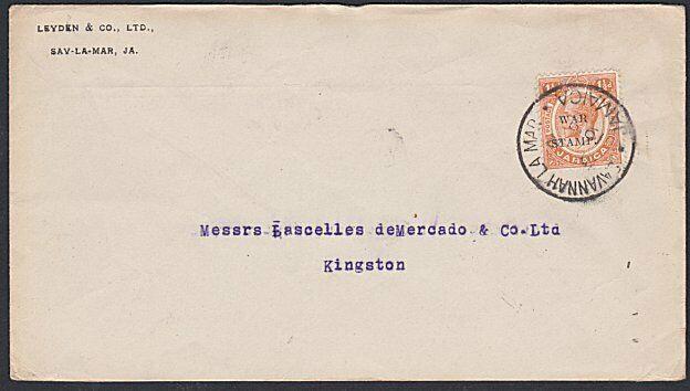 JAMAICA 1919 local cover 1½d War Tax : Savannah La Mar cds.................55020