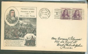 US 724 1932 3c William Penn Commemorative (pair) on an addressed FDC with an Ioor Cachet