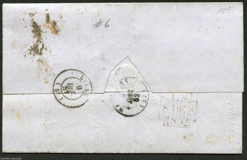 GREAT BRITAIN SC# 6 NUMERAL GRID CANCEL VIA CALAIS 12/9/1852 TO LILLE FRANCE