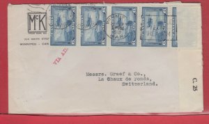 Nice 5 x 6c airmail strip commercial cover to SWITZERLAND 1940 censor Canada