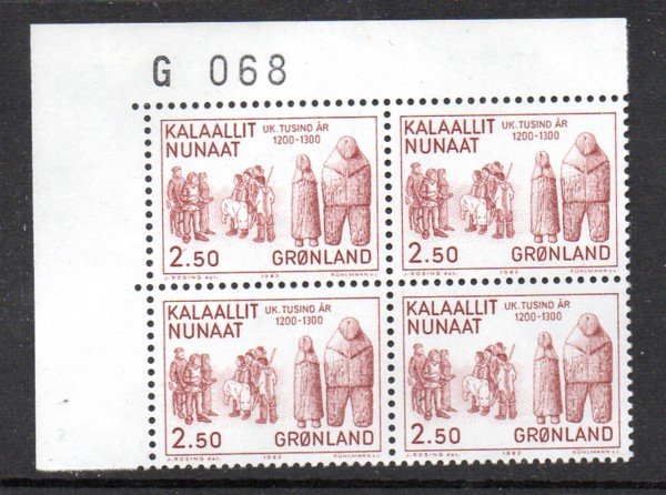 Greenland Sc 150 1983 2.5 kr Dolls stamp  corner number block of 4 mint NH