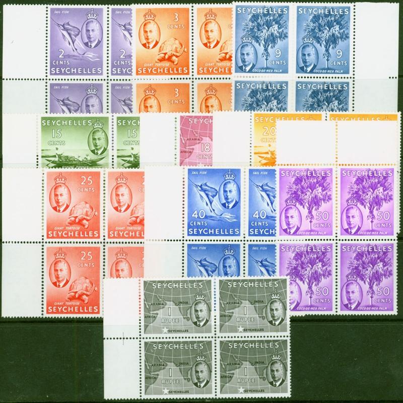 Seychelles 1952 set of 10 to $1 SG158-168 in Superb MNH Blocks of 4
