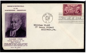 US 795 1937 3c Sesqicentennial of the Northwest Territory on an addressed(typed) FDc with a cachet from an unknown publisher; ro