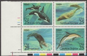 1990 Sea Creatures Plate Block Of 4 25c Postage Stamps, Sc# 2508-2511, MNH, OG