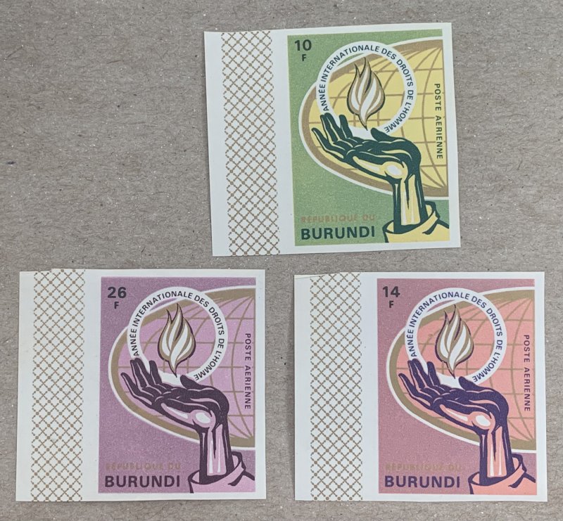 Burundi 1969 Human Rights, imperfs. Toned on back. Scott C97-C99.  CV $4.50