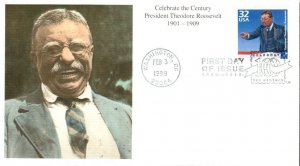 Theodore Roosevelt  CTC 2-3-98 Mystic FDC Cachet; scott 3182 !#2