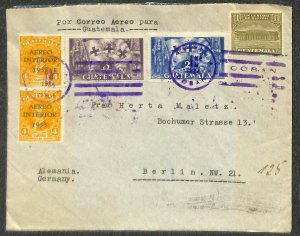 GUATEMALA #261 262 C25 (x2) & RA2 STAMPS COBAN TO GERMANY COVER 1934