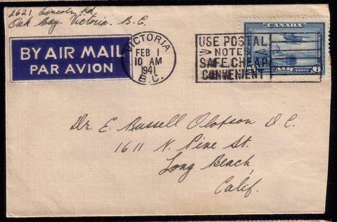 Canada Scott #C6  Airmail Postal History Cover VICTORIA B.C.(FEB 01,1941):