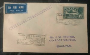 1934 Karachi India First Flight Airmail cover FFC to Lahore Cachet