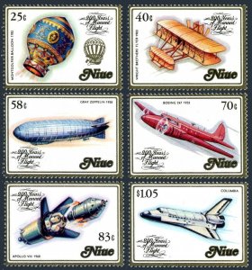 Niue 389-394, 394a, MNH. Mi 511-516, Bl.66. Balloon,Write Flyer,Zeppelin,Apollo.
