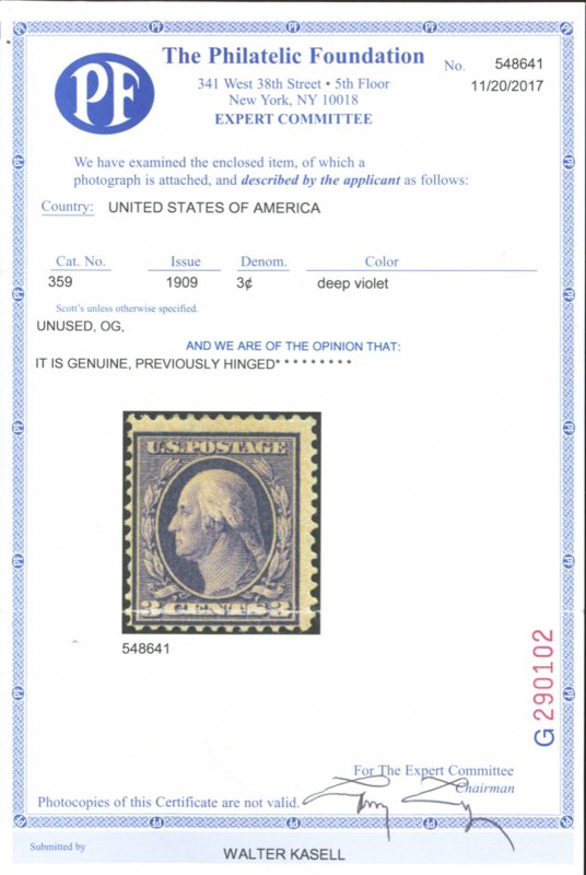 U.S. #359 Blue Paper MINT WITH PF CERT ORIGINAL GUM $2000 Cat Val