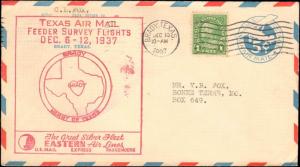 1937 BRADY TEXAS CACHET FOR AIR MAIL FEEDER SURVEY FLIGHTS EASTERN AIR LINES