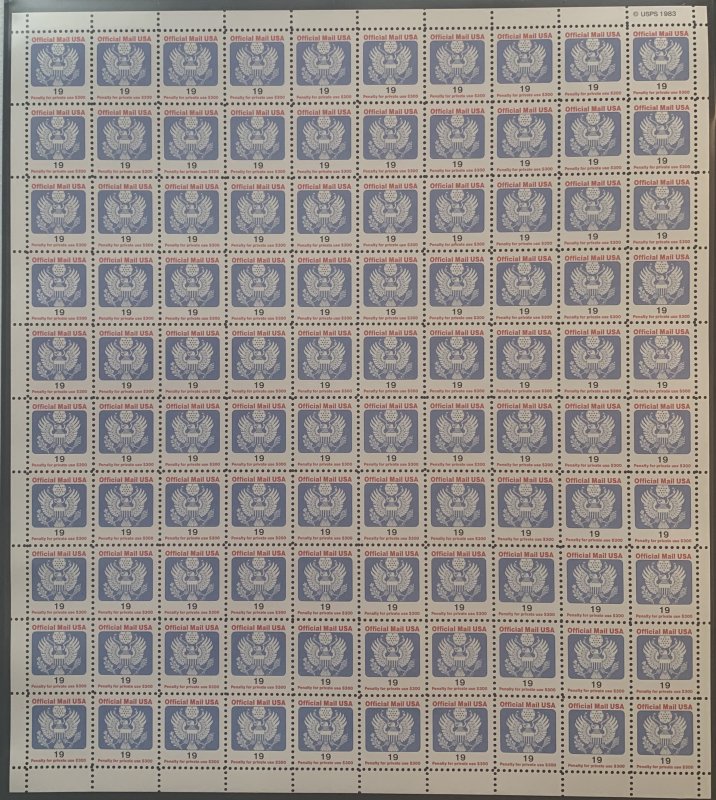 #O147 - 1991 19 cent re, bl, blk, official.  Full Mint Sheet.